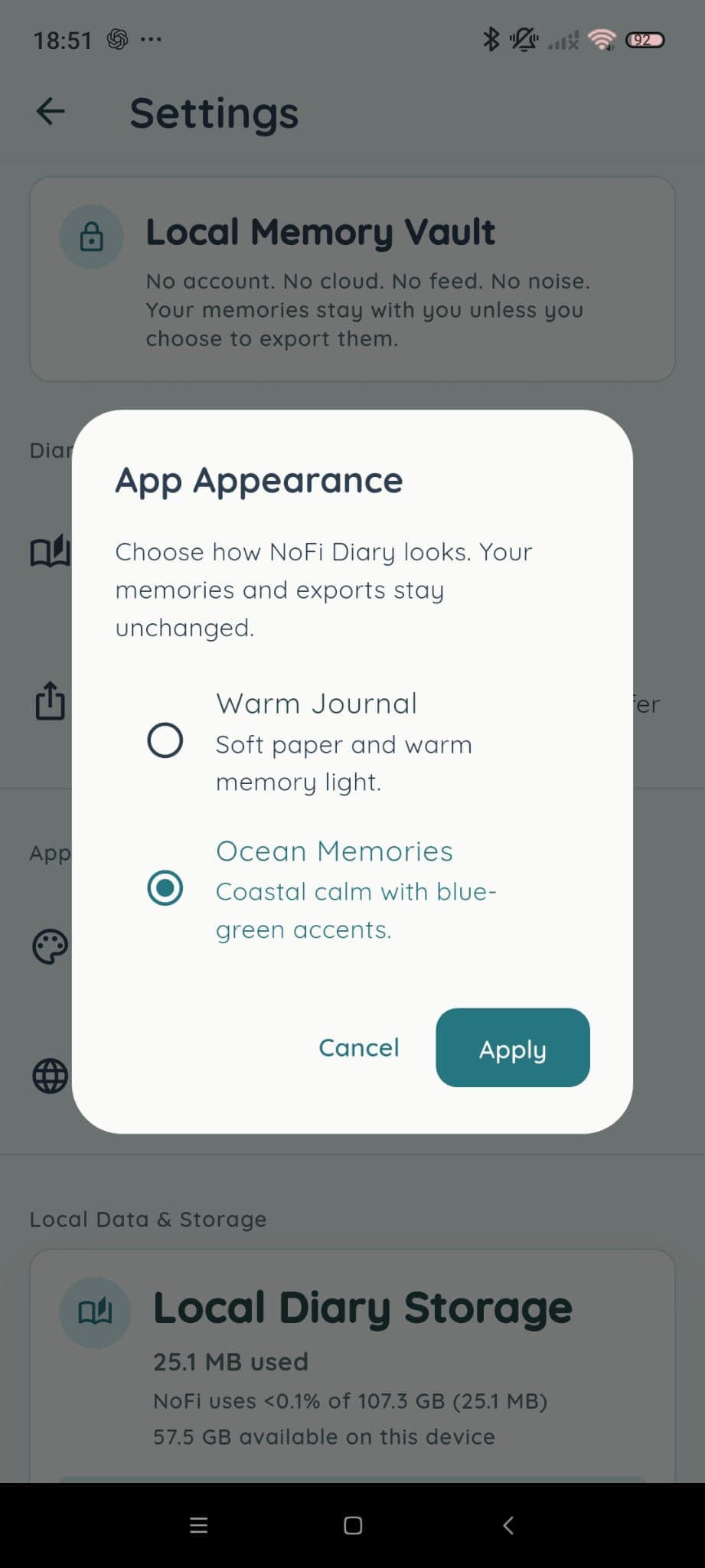 The NoFi appearance selector on Android