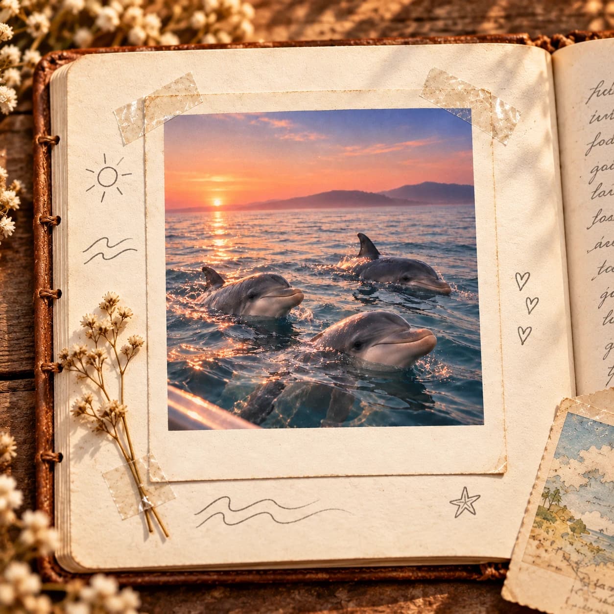An open travel journal with a photograph of three dolphins close to a boat at sunset