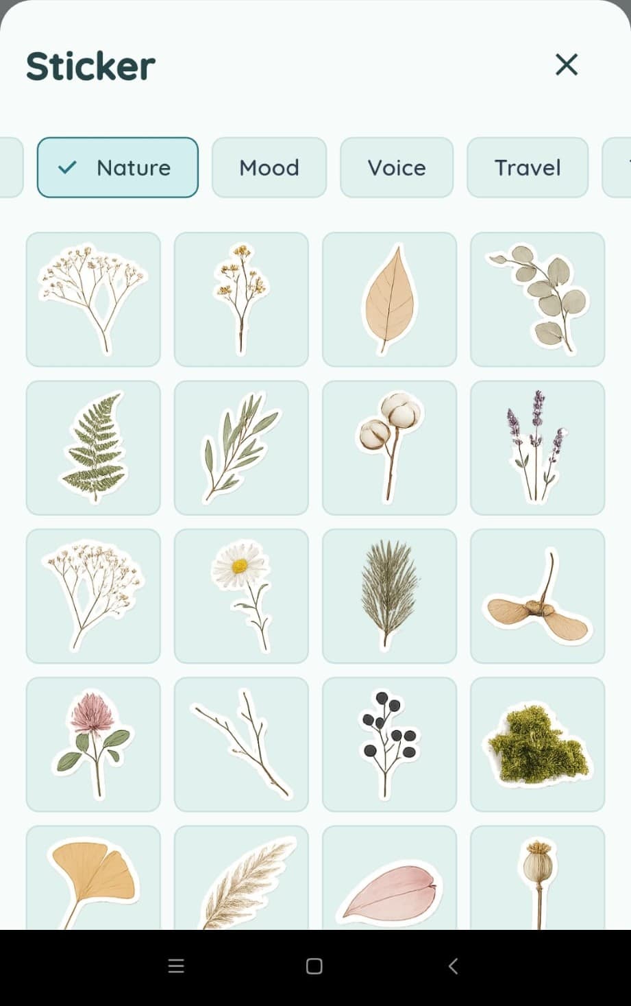 Nature sticker collection shown in NoFi Diary
