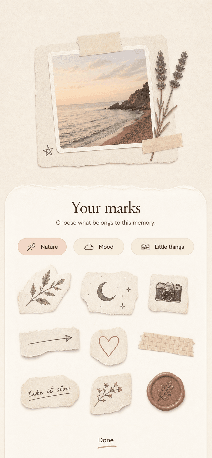 A curated NoFi sticker library beside a personal memory preview