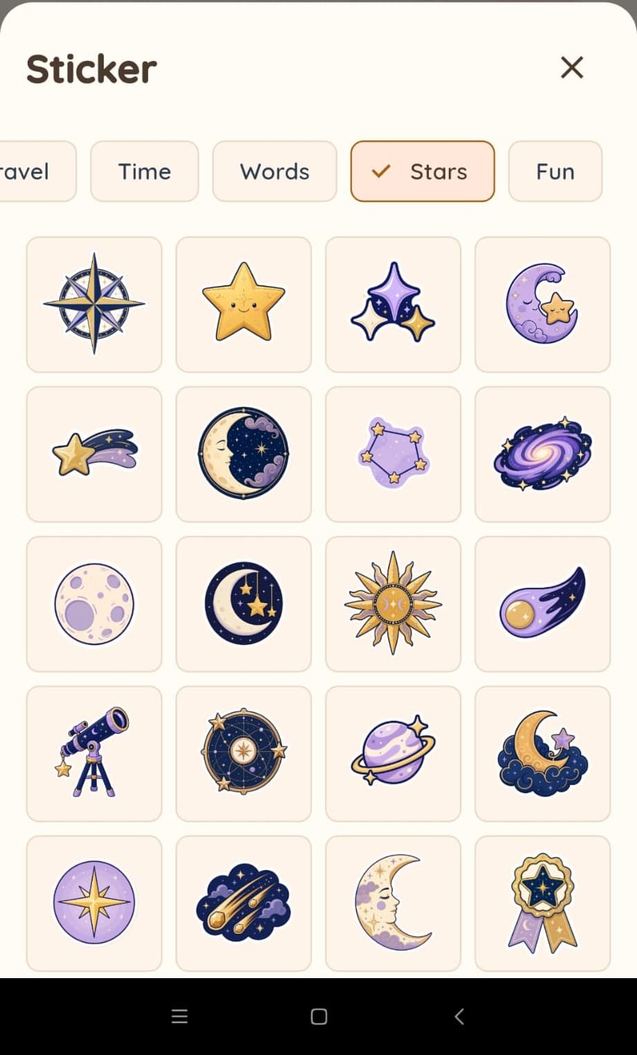 Stars sticker collection shown in NoFi Diary